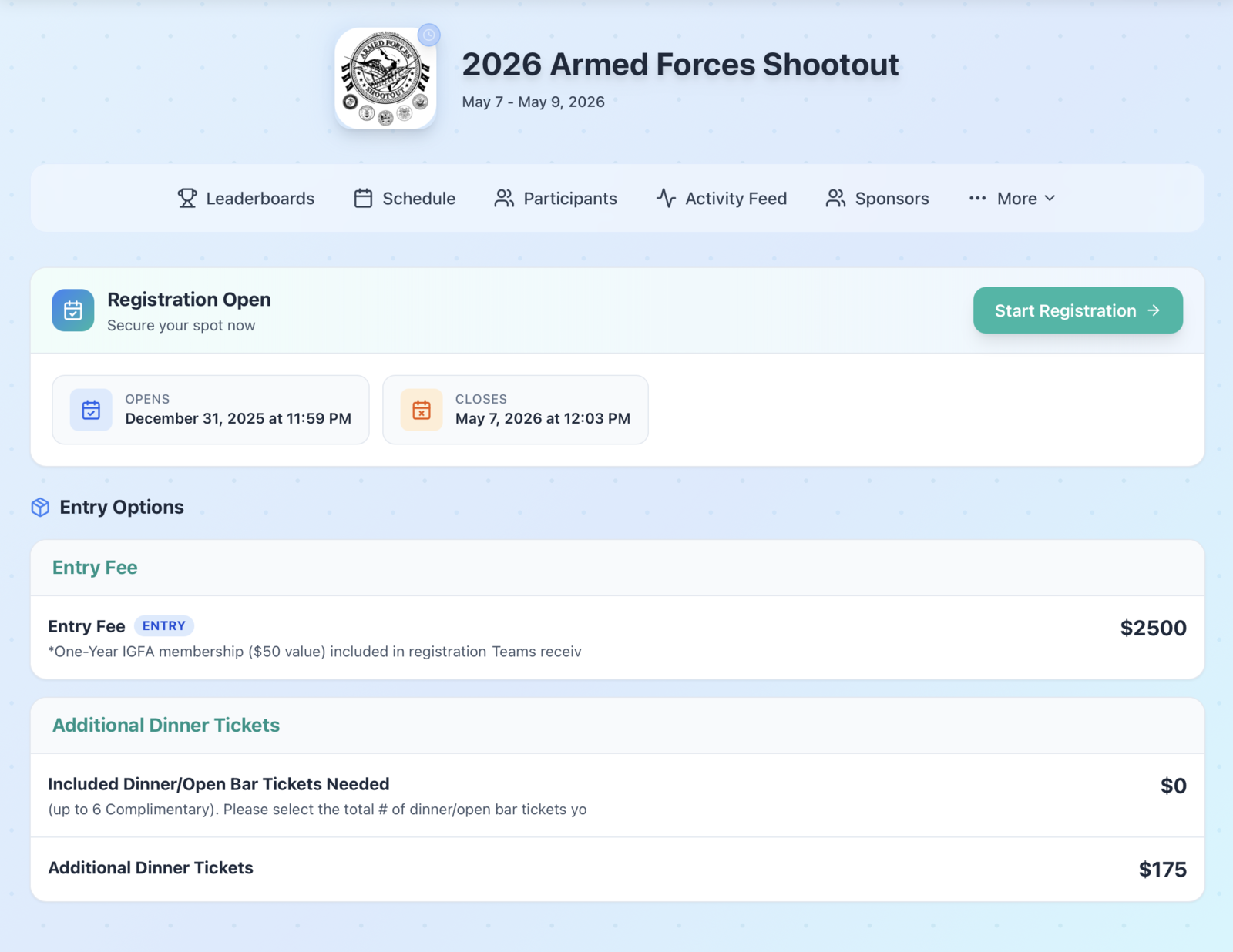 Online fishing tournament registration page showing entry fees, calcutta options, and payment processing